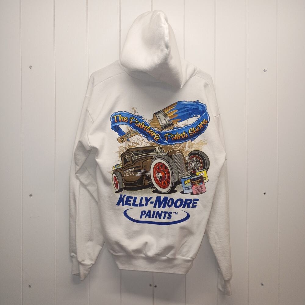 Vintage Kelly-Moore Paints Hoodie Hot Rod Rat Rod Graphic Sweatshirt White Men M